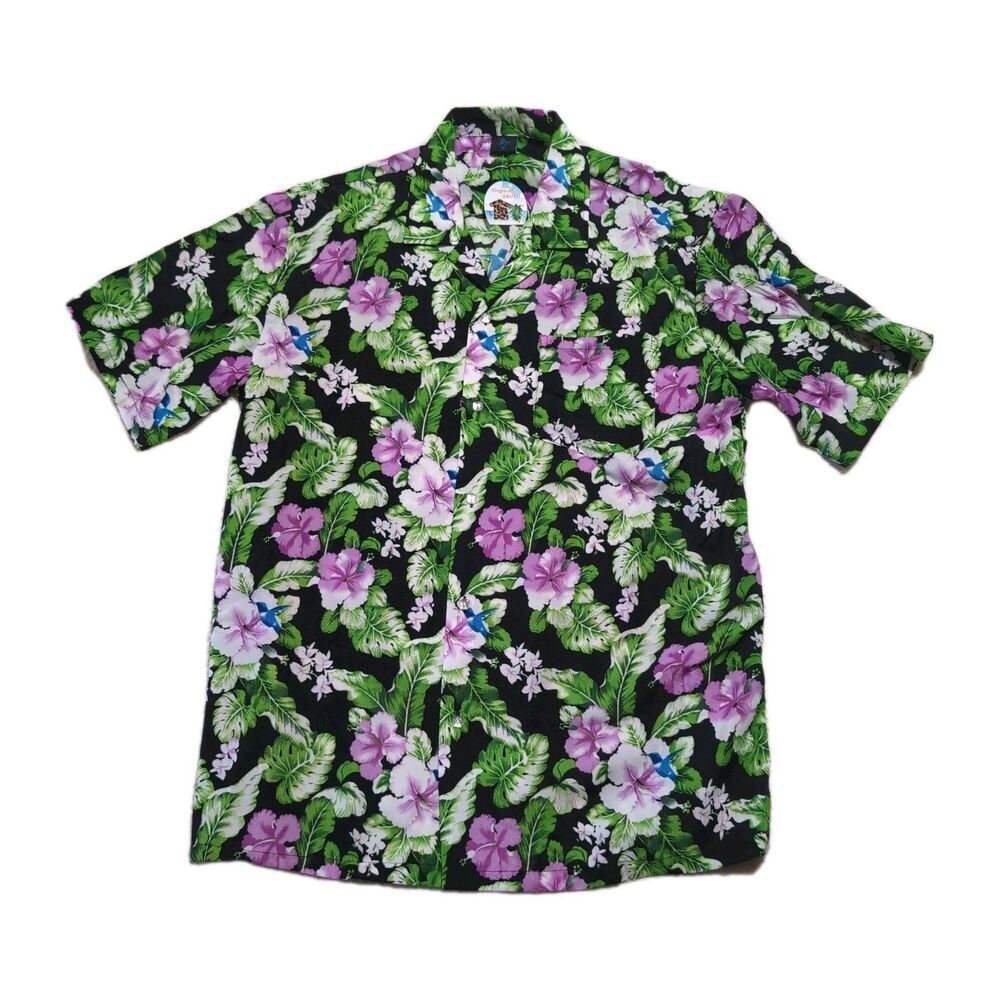 FC Brand Mens XL Hawaiian Shirt Black Purple Hibiscus Hummingbird Tropical NWT